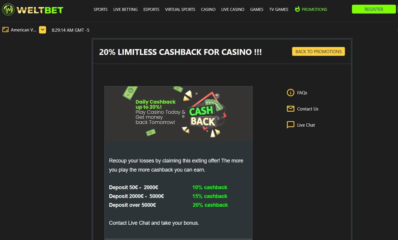 Weltbet 20% cashback casino