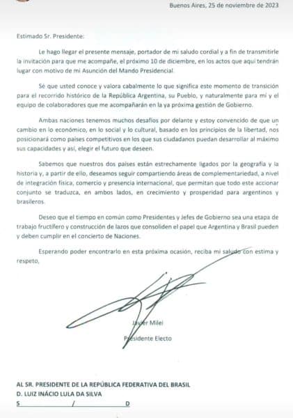 Carta de Milei a Lula