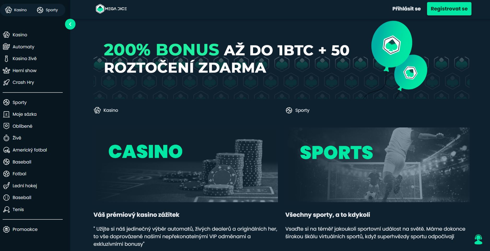 Úvodní stránka krypto kasina Mega Dice s podrobnostmi uvítací nabídky