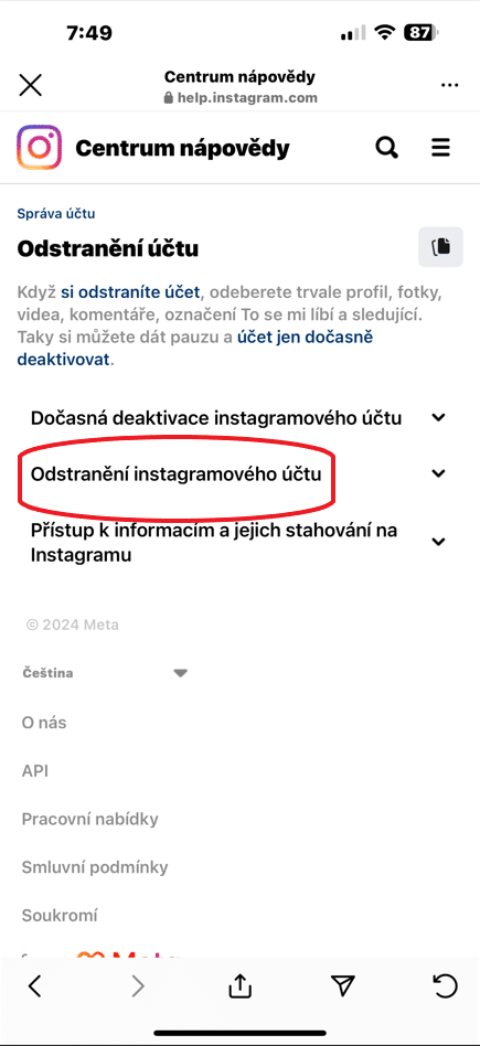 Odstranění instagram účtu
