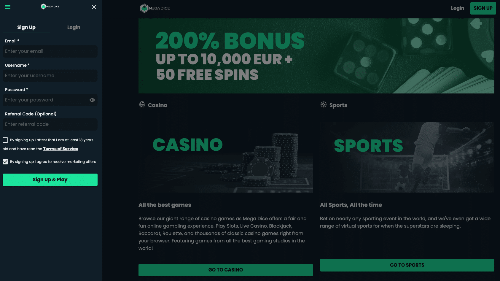 Mega Dice oprettelse Casino bonus uden omsætningskrav