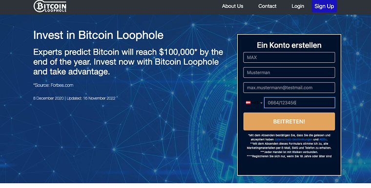 Bitcoin Loophole Schritt 1 Anmeldung