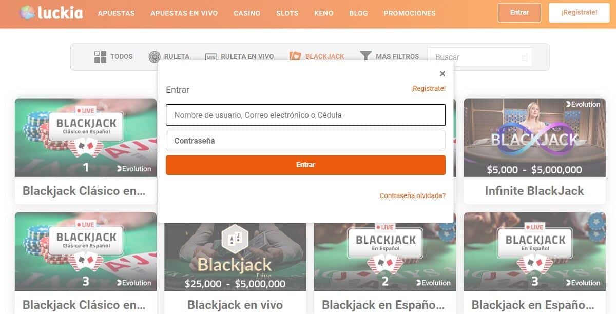 Blackjack online Colombia sesión de usuario
