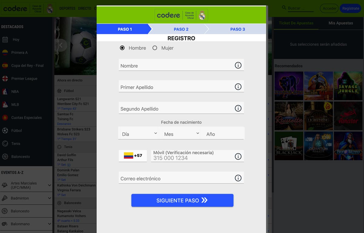 Codere Apuestas Online Colombia Registro 1