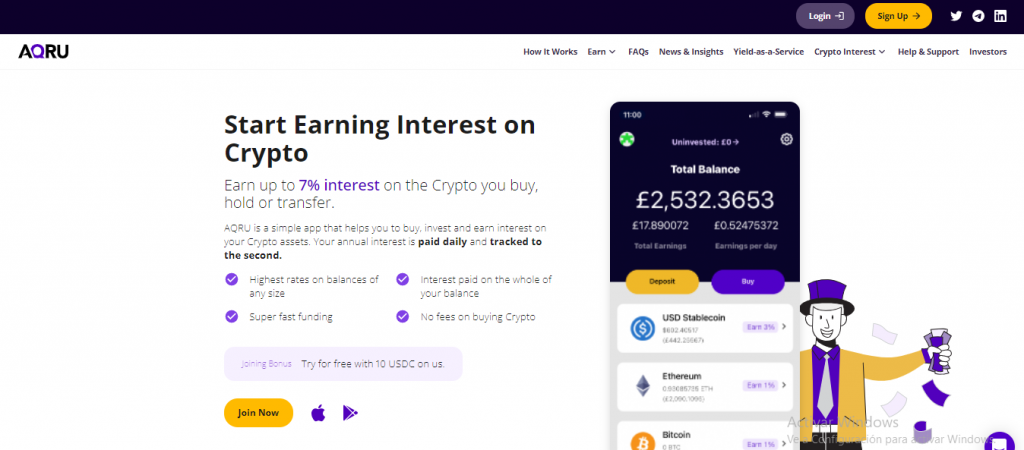 ganar intereses con Bitcoin aqru homepage