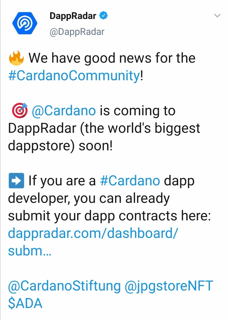 Avenir Cardano - Cardano a signé une collaboration avec DappRadar