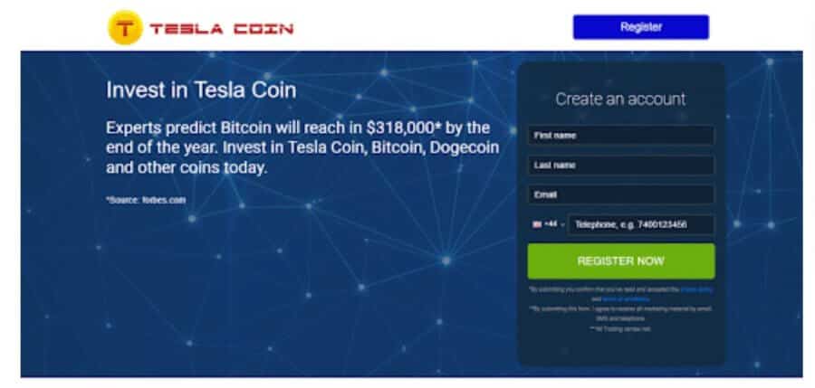 TeslaCoin公式ウェブサイト画面