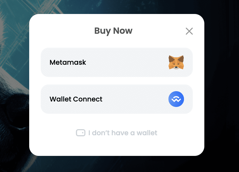 AiDoge プレセールのMetamaskかWallet Connectを選択する画面