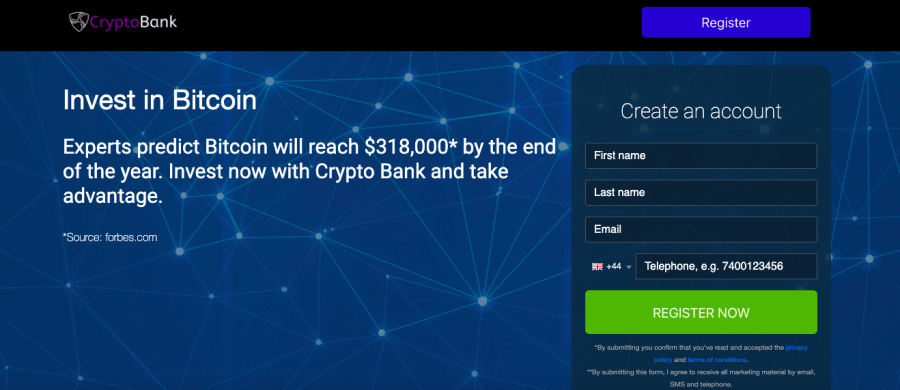 Crypto Bankの公式ウェブサイト画面