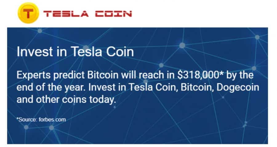 TeslaCoinの公式ウェブサイト画面