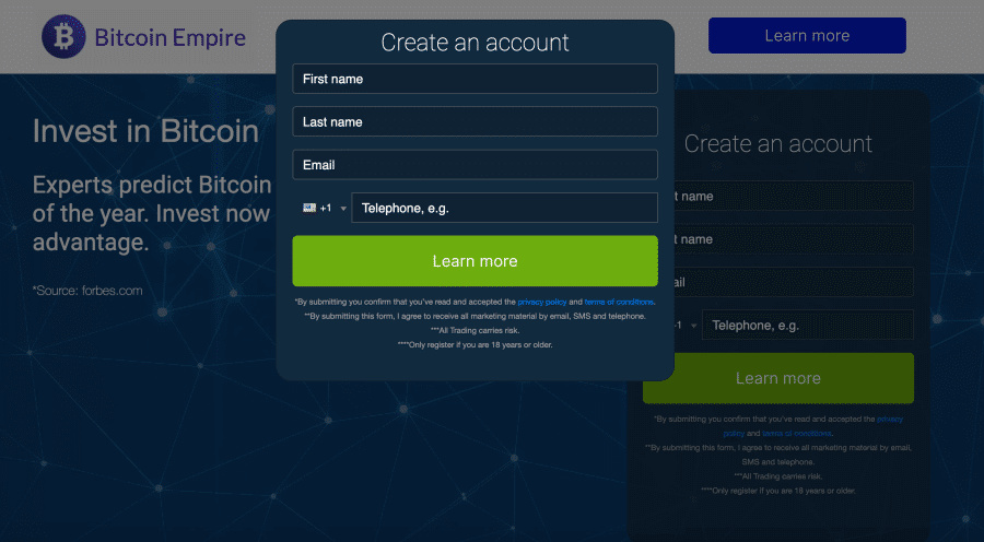 Bitcoin Empireのアカウント開設画面