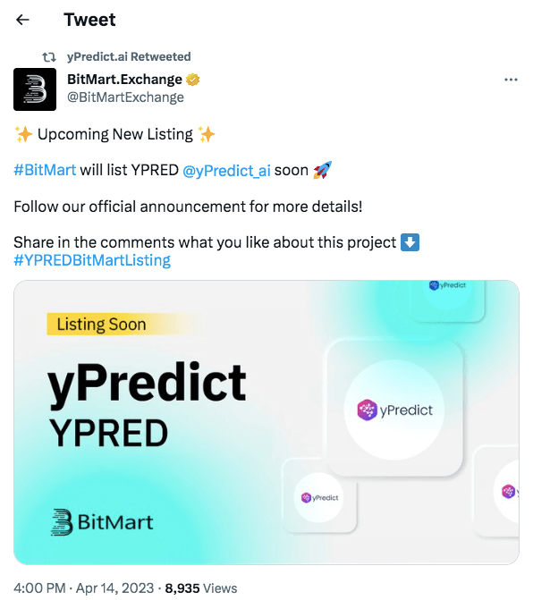 yPredictのツイッター　BitMartへの上場の発表