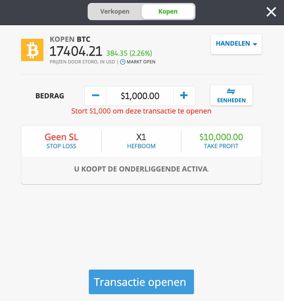 Transactie Bitcoin kopen in eToro openen