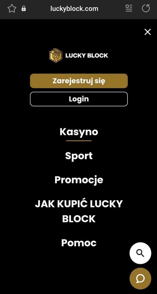 Lucky Block wersja mobile menu