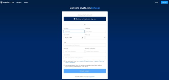 Abra sua conta na Crypto.com