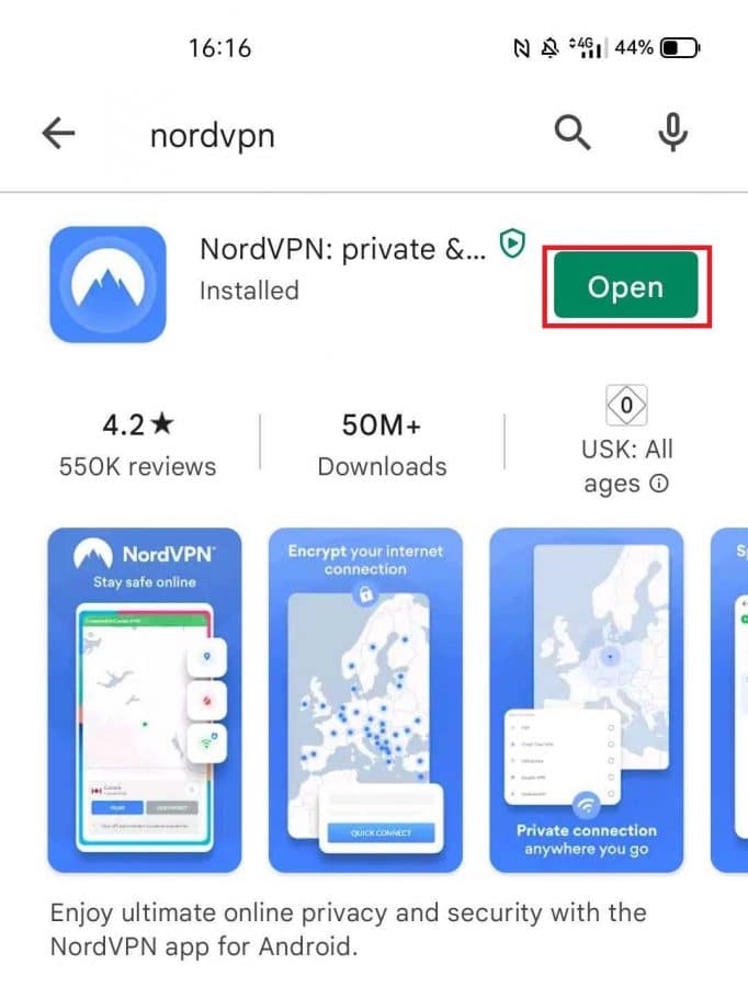 Deschiderea aplicației NordVPN