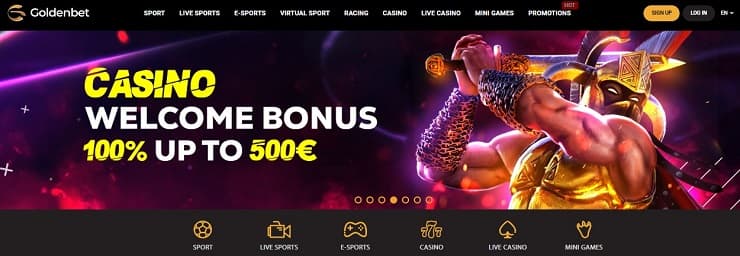 Goldenbets hemsida med information om casinots välkomstbonus.