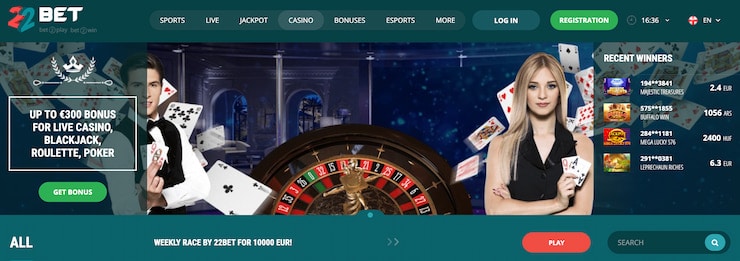 22Bet Casino - 100% upp till €250