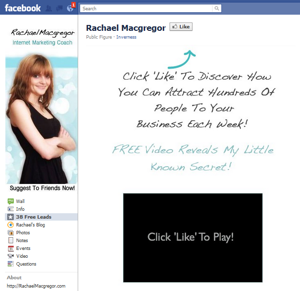 Call to action to like the Facebook page of Rachael Mcgregor