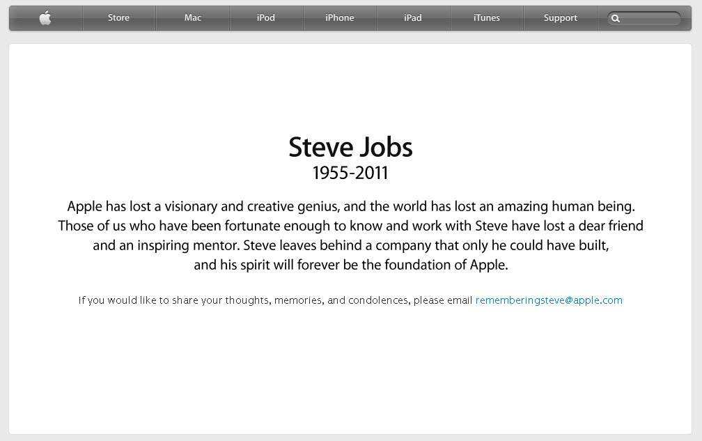 Steve Jobs remembered on apple's homepage