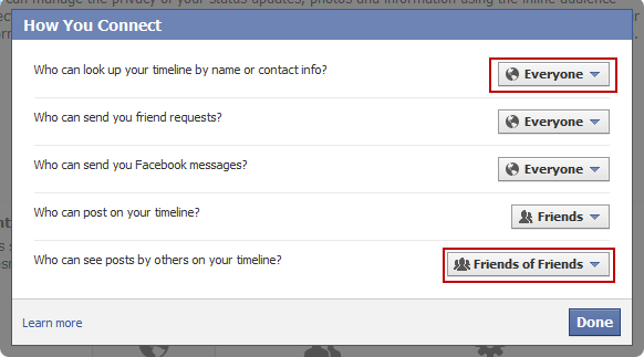 Settings Page for How You Connect on Facebook