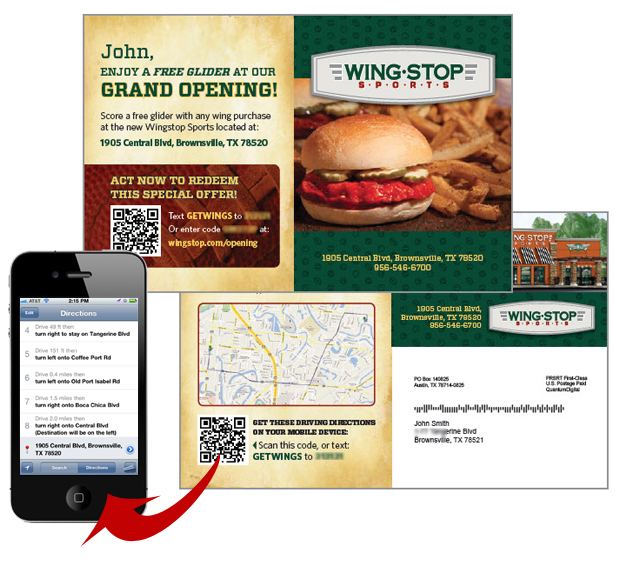 Postcard that allows customers to scan a qr code or text a phrase to a shortcode to get door-to-door driving directions on their mobile device. Wing Stop card produced by QuantumDigital, Inc.