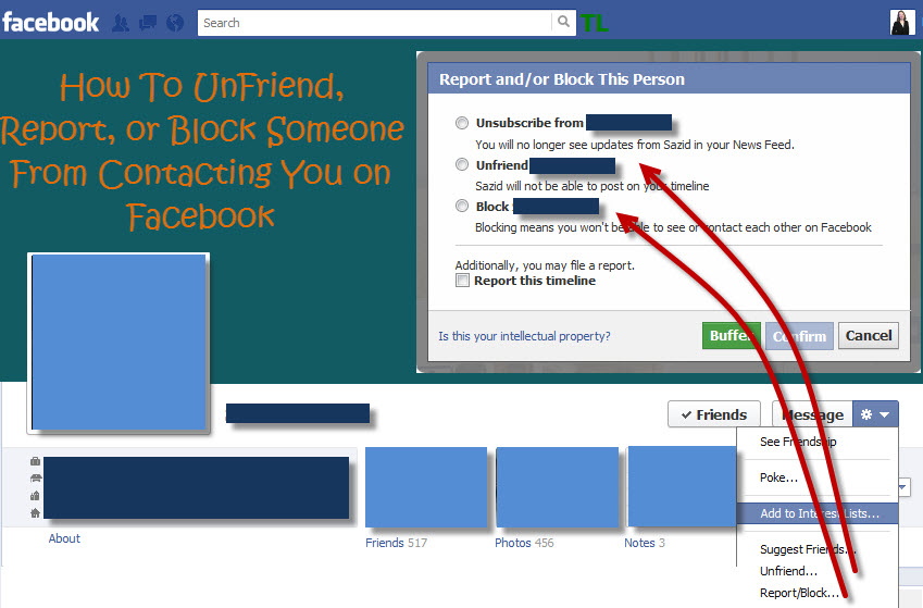 Image of how/where to unfriend, block or report a facebook profile