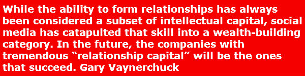 entrepreneurial skill - relationship captial quote. While the ability to form relationships has always been considered a subset of intellectual capital, social media has catapulted that skill into a wealth-building category. In the future, the companies with tremendous “relationship capital” will be the ones that succeed. Gary Vaynerchuck