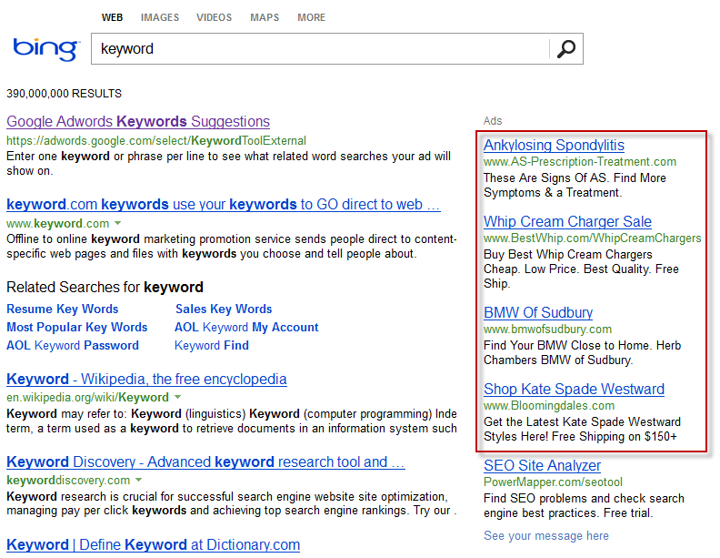 Bing keyword results