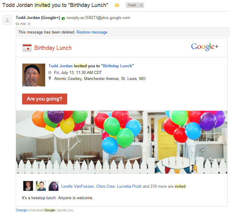Google+ Event Email Invitation Screenshot