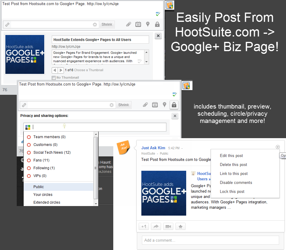 screenshot showing the publisher box in hootsuite being used to share to Google+ Page