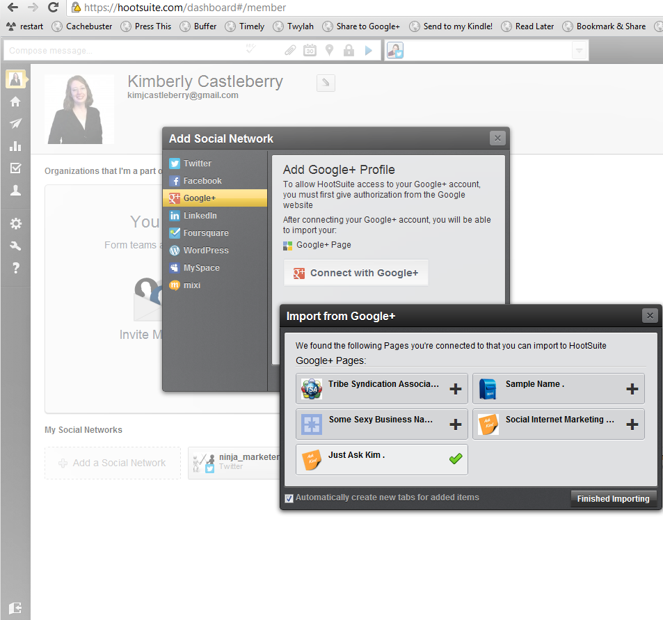screenshot of connecting hootsuite.com to your Google+ Page