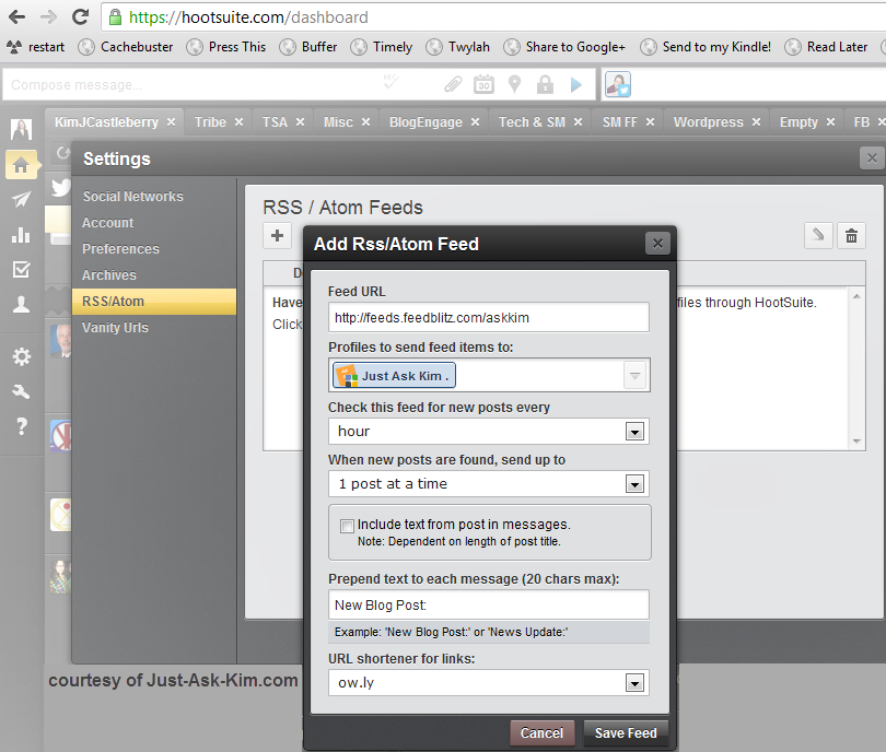 screenshot of the RSS feed tool in hootsuite, being used to connect to a Google+ page