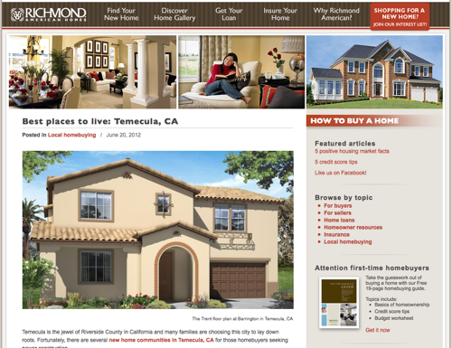 Richmond American Homes screenshot for The Content Marketeer