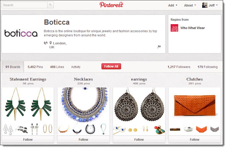 Boticca Pinterest product category boards with pins linking to online store