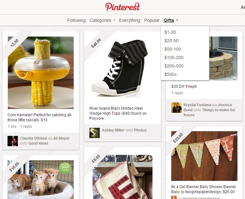 Pinterest Gifts Section Price Tag