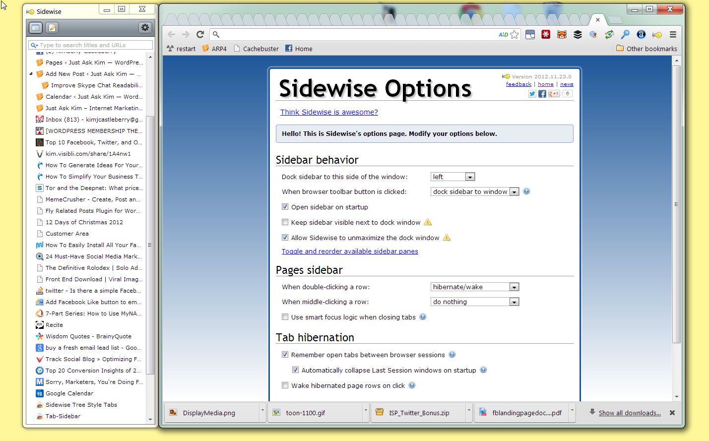 screenshot of sidewise sidebar tree style tabs extension in use
