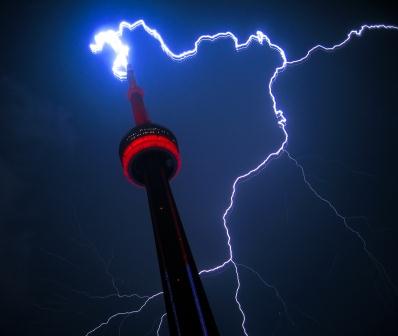 Image of lightning striking a building