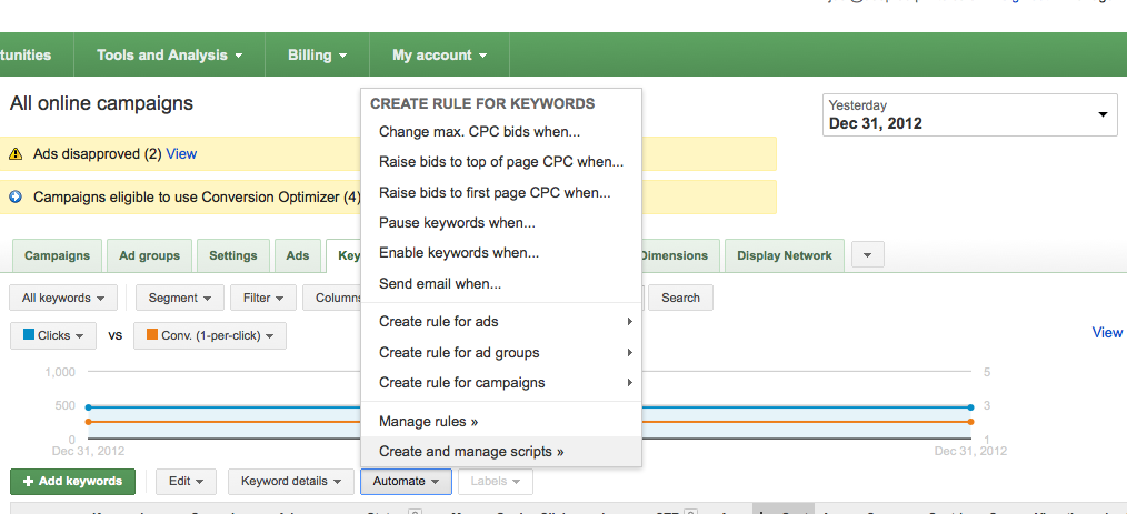 automated bidding rules screenshot from Adwords
