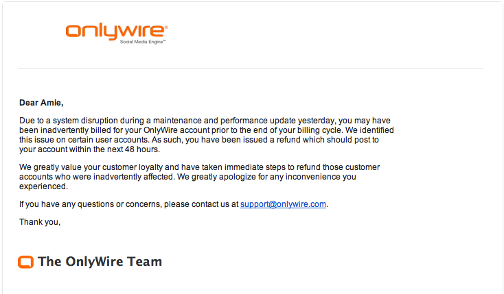 Apology email from company