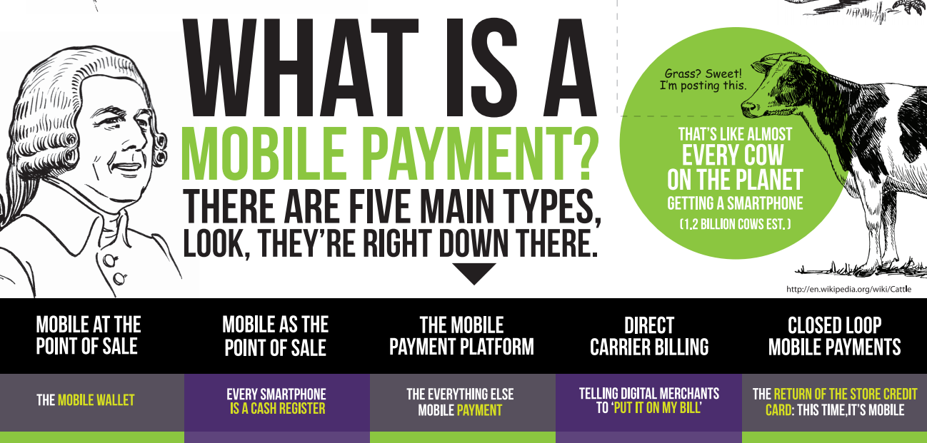 Infographic titled "What is a Mobile Payment?" showing five main types: Mobile at the Point of Sale, Mobile as the Point of Sale, The Mobile Payment Platform, Direct Carrier Billing, and Closed Loop Mobile Payments. Includes a cartoon and text describing mobile usage.