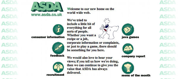 ASDA's website in 1996 offered everything from jobs and recipes to java games to entertain their customers. The one thing it didn't offer, though, was the ability to buy things.