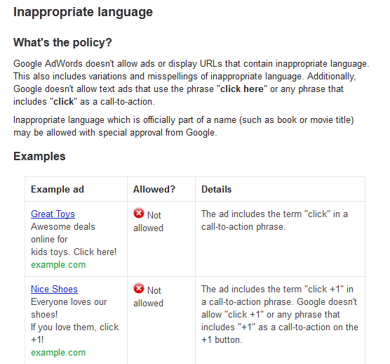 AdWords Inappropriate Language