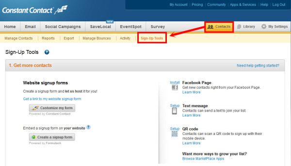 Contacts Sign Up Tools