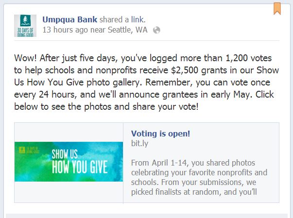 Umpque Bank post on Facebook about social promotion