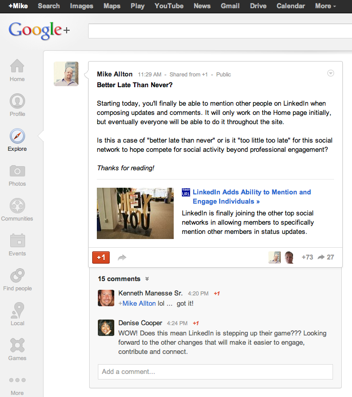 My post about LinkedIn went Hot on Google+