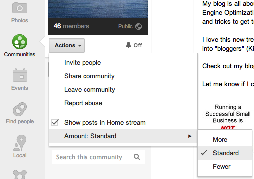 Adjust Google+ Community settings within the Actions menu.