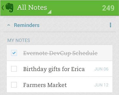 Evernote reminders list on Android