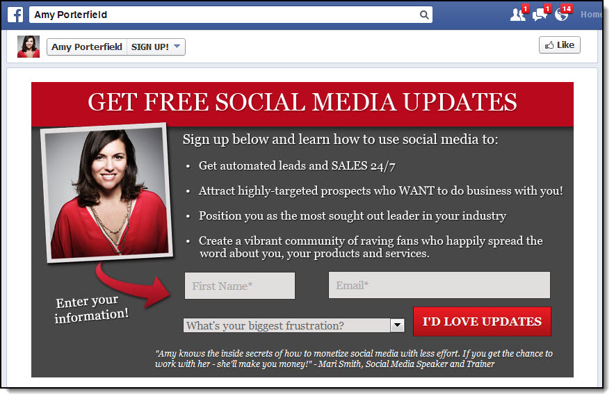 Amy Porterfield Facebook custom tab to capture and integrate email marketing on Facebook 
