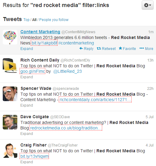 Red Rocket Media link search on Twitter